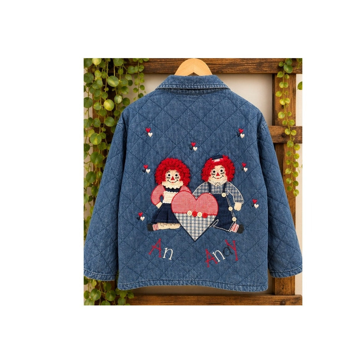 VTG Carrie Allen Quilted Denim Jacket XL Raggedy Ann Andy Folk Art Cottagecore