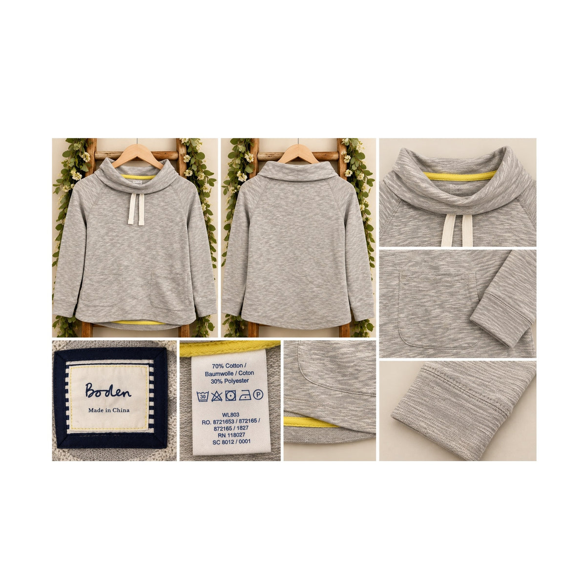 Boden Women's Quilted Funnel Neck Drawstring Sweatshirt - Grey Small