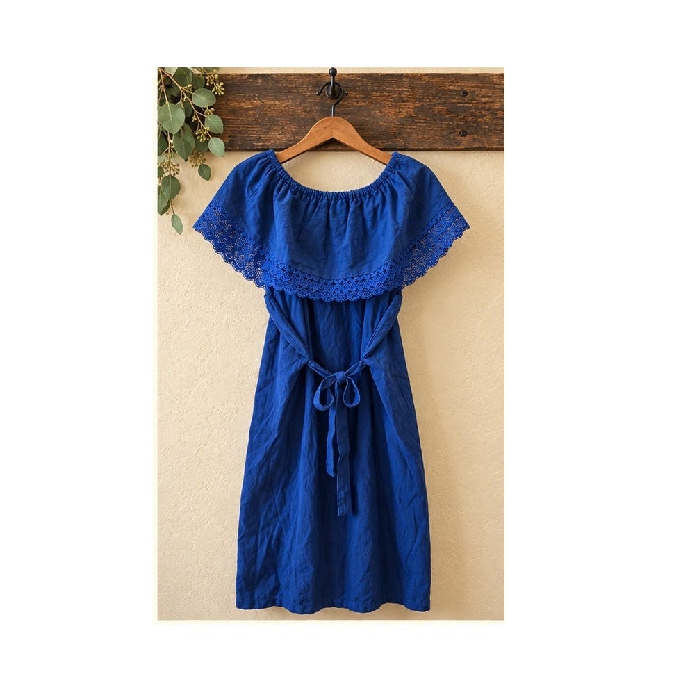 Authentic Made in Mexico Blue Off Shoulder Embroidered Fiesta Dress CH