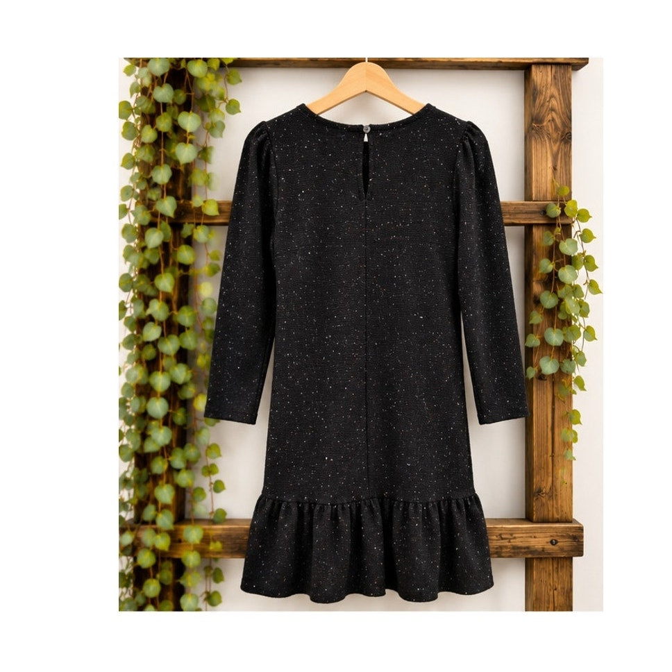 LOFT Speckled Confetti Tweed Puff Sleeve Ruffle Hem Dress | Large