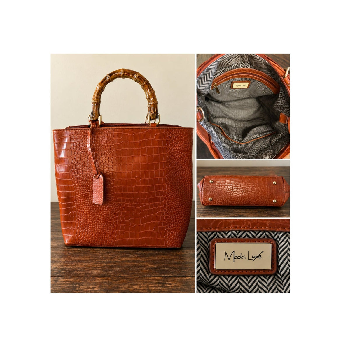 Moda Luxe Cognac Croc Embossed Bamboo Look Handle Tote Bag Preloved