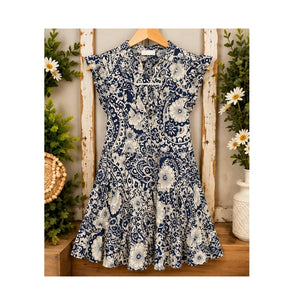 Umgee Navy Blue White Paisley Floral Tassel Mini Dress Womens Plus Size 1XL Boho