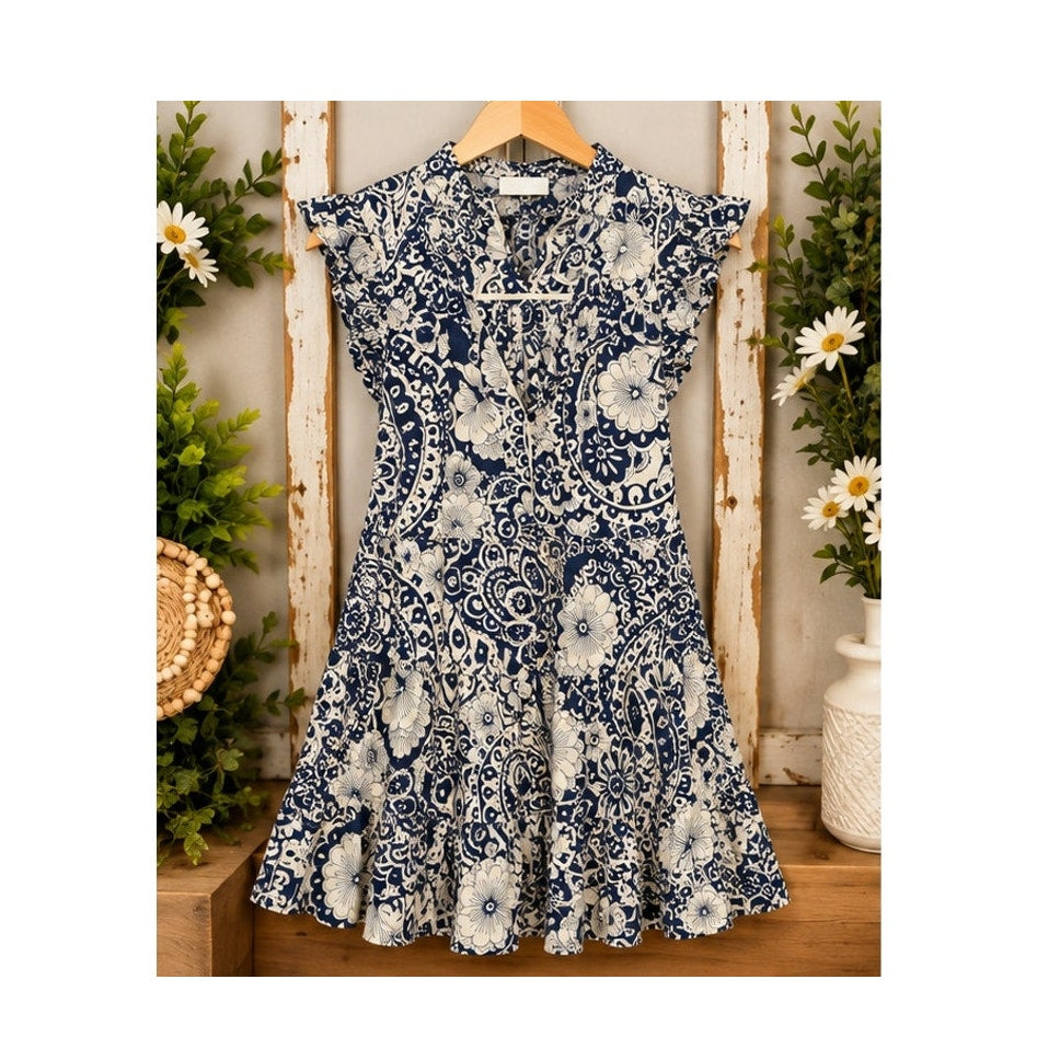 Umgee Navy Blue White Paisley Floral Tassel Mini Dress Womens Plus Size 1XL Boho