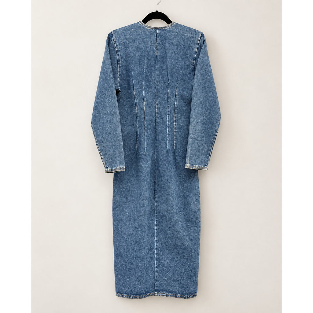 Vintage ZENA Denim Maxi Dress Size 7 Acid Wash Button Front Long Sleeve Preloved
