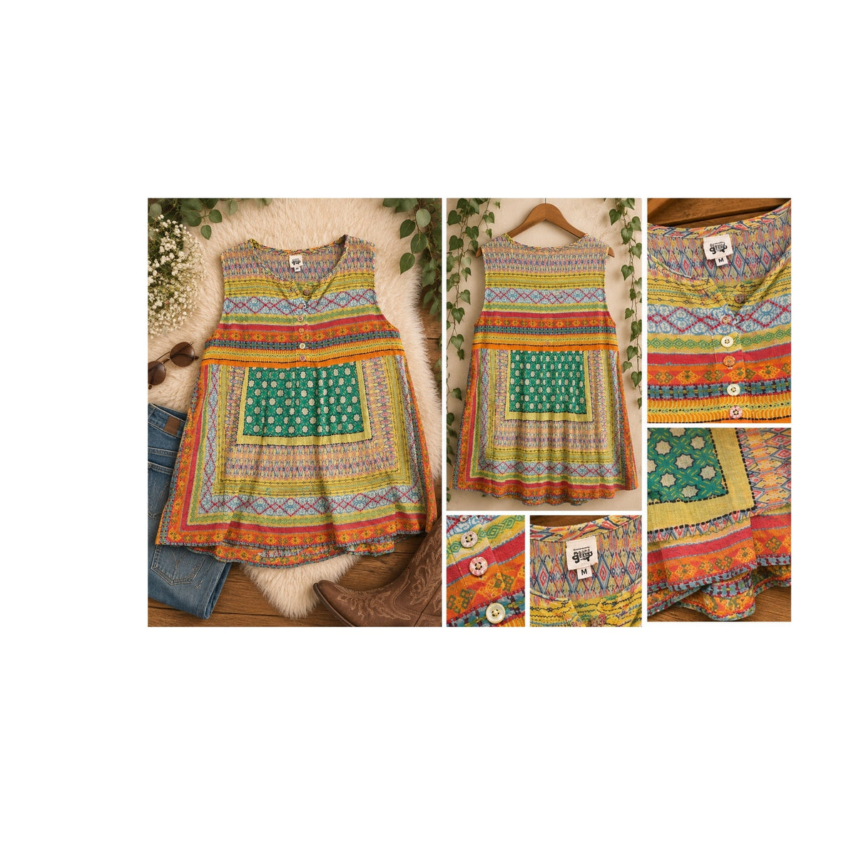 Ivy Jane Women's Mixed Geometric Patchwork Sleeveless Tunic Blouse Multicolor M