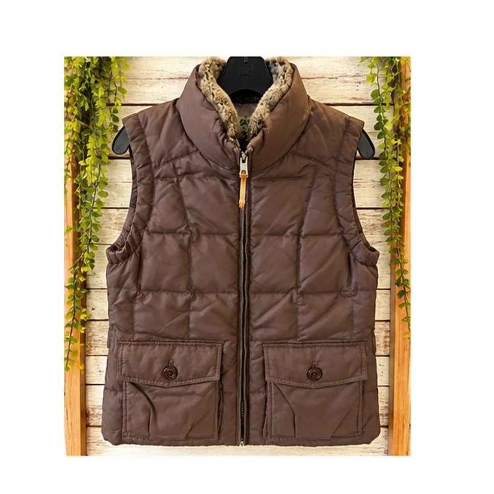 Eddie Bauer Women Yukon EB550 Down Puffer Vest Faux Fur Brown S