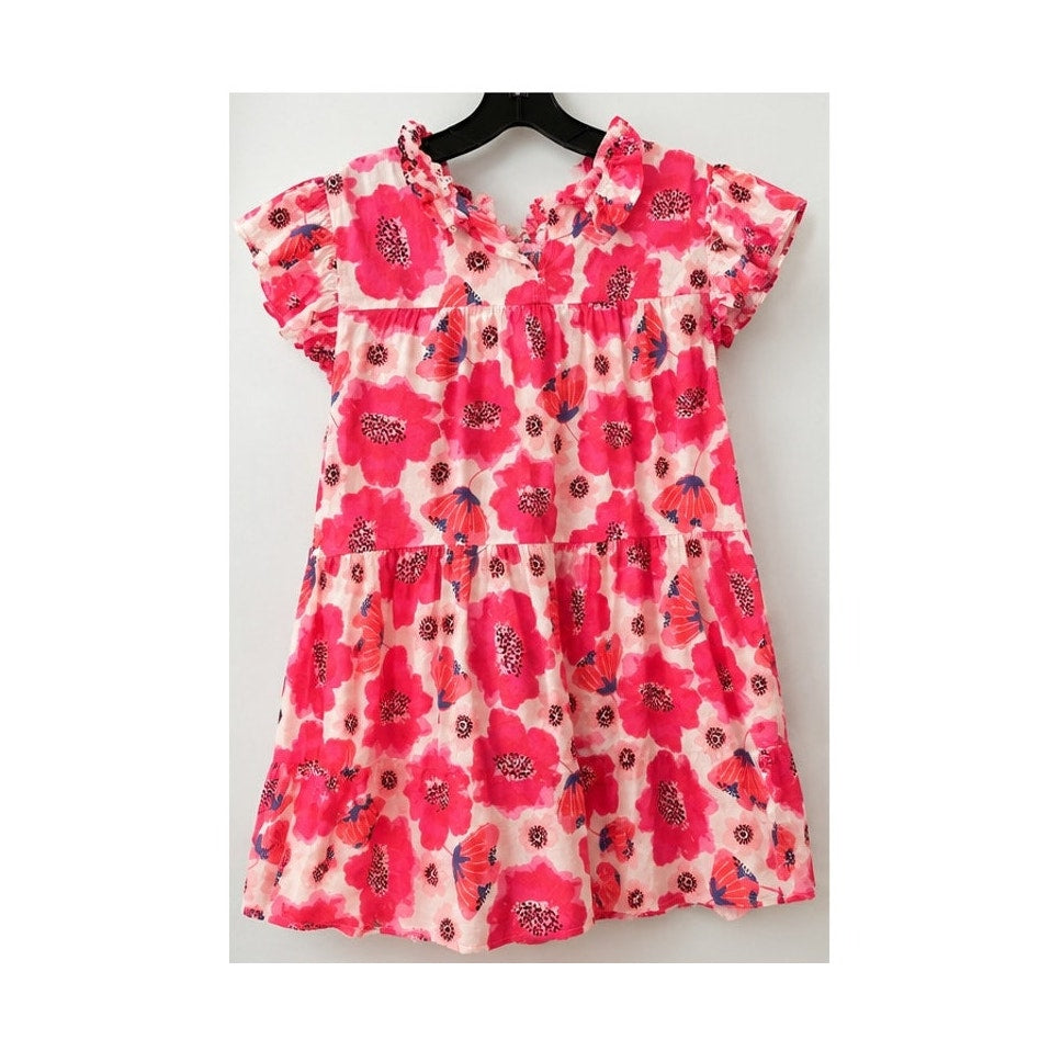 Jodifl Pink Floral Tiered Babydoll Tunic Top Small Ruffle Split V Neck