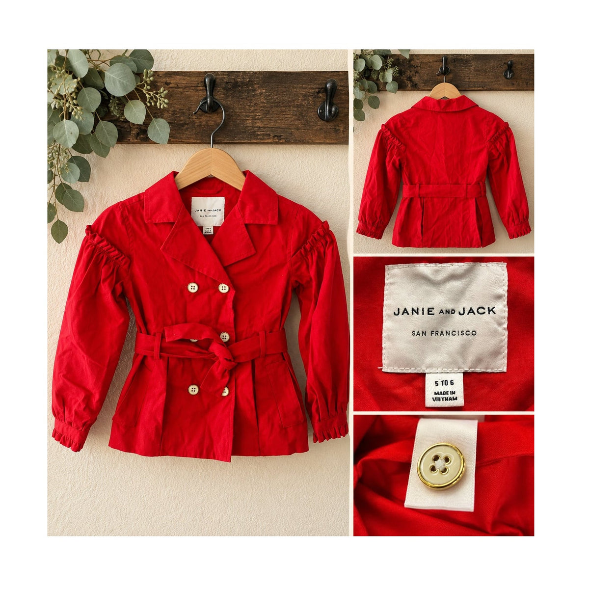 Janie and Jack Girls Red Puff Sleeve Double Breasted Trench Coat 5 6