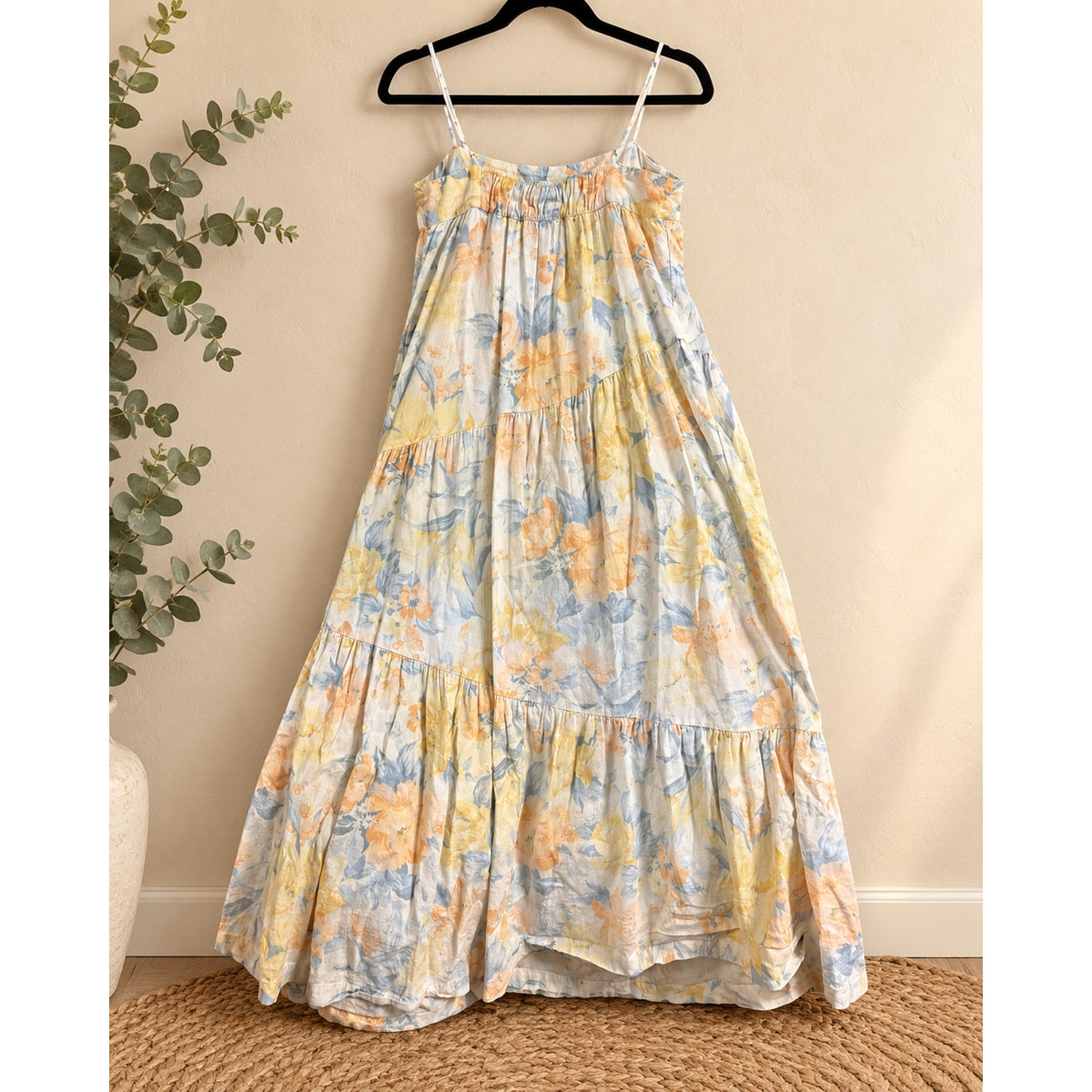 Abercrombie & Fitch Medium Asymmetrical Tiered Maxi Dress Floral Linen Yellow