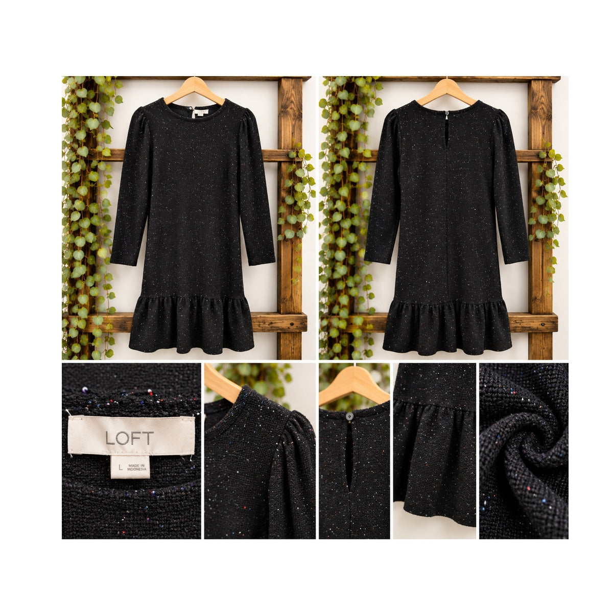 LOFT Speckled Confetti Tweed Puff Sleeve Ruffle Hem Dress | Large