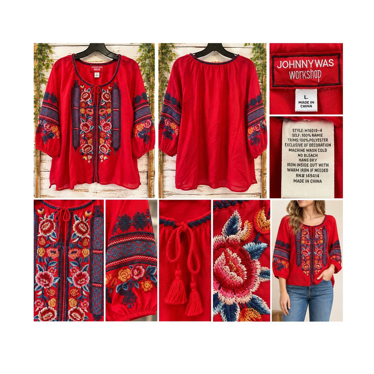 Johnny Was Workshop Red Ramie Floral Bird Embroidered Boho Blouse L