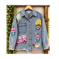 Blue Velvet Sequin Patch Denim Jacket Small Raw Hem Pug Popcorn Shacket