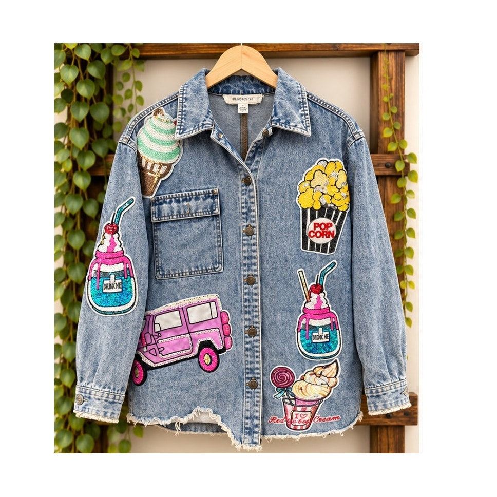 Blue Velvet Sequin Patch Denim Jacket Small Raw Hem Pug Popcorn Shacket