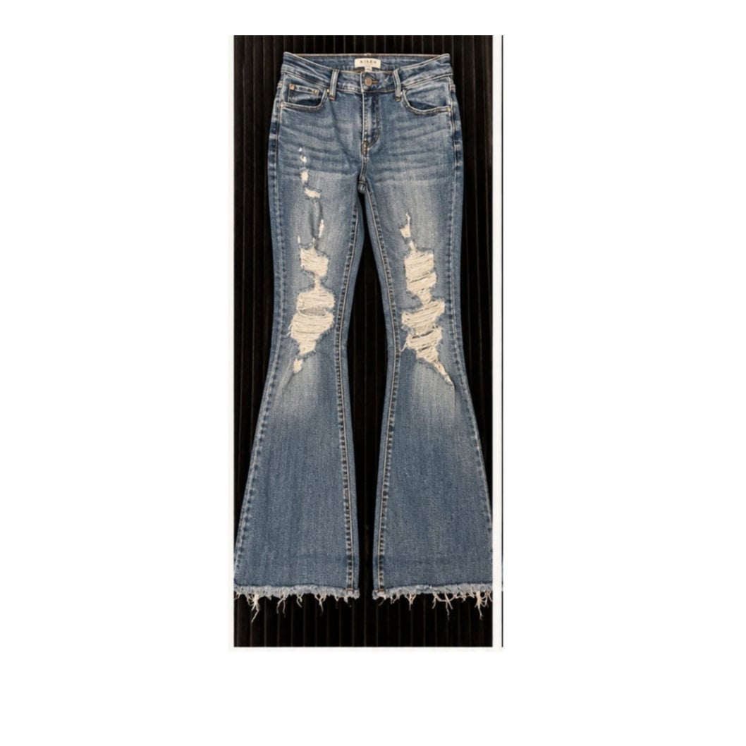 Risen Tummy Control Low Rise Wide Leg Raw Hem Jeans Blue Size 9/29