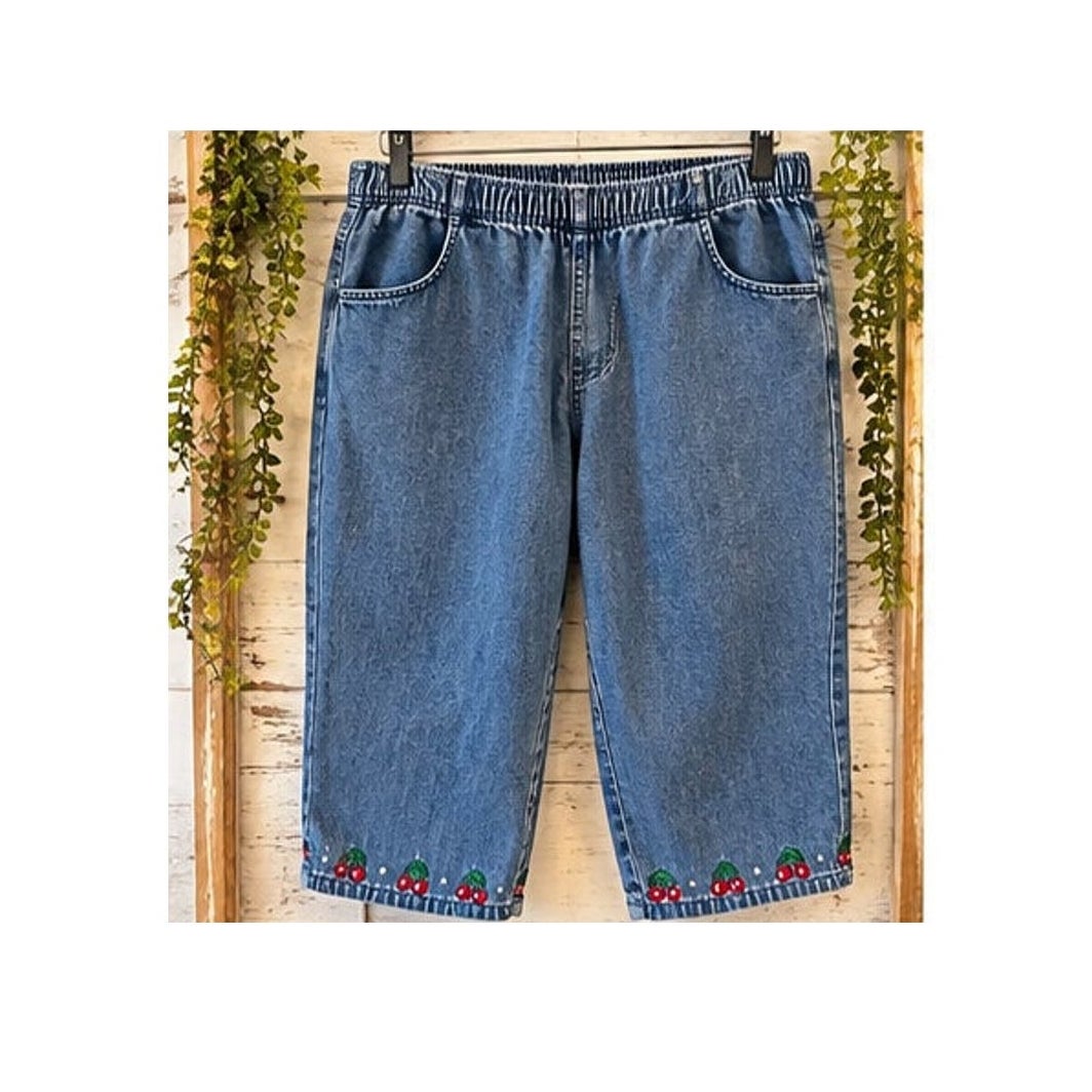 Vtg Quacker Factory 2X Cherry Embroidered Denim Jacket Pants Set