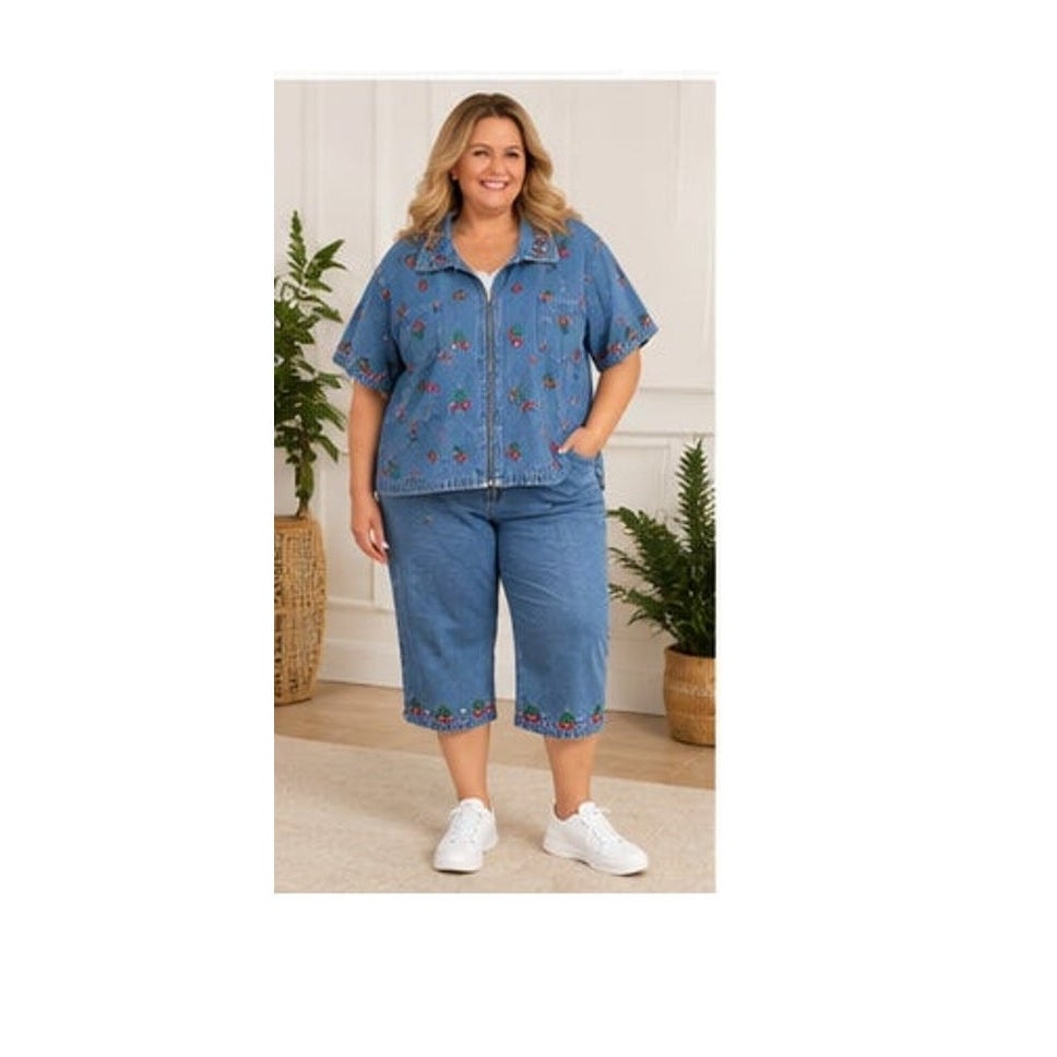 Vtg Quacker Factory 2X Cherry Embroidered Denim Jacket Pants Set