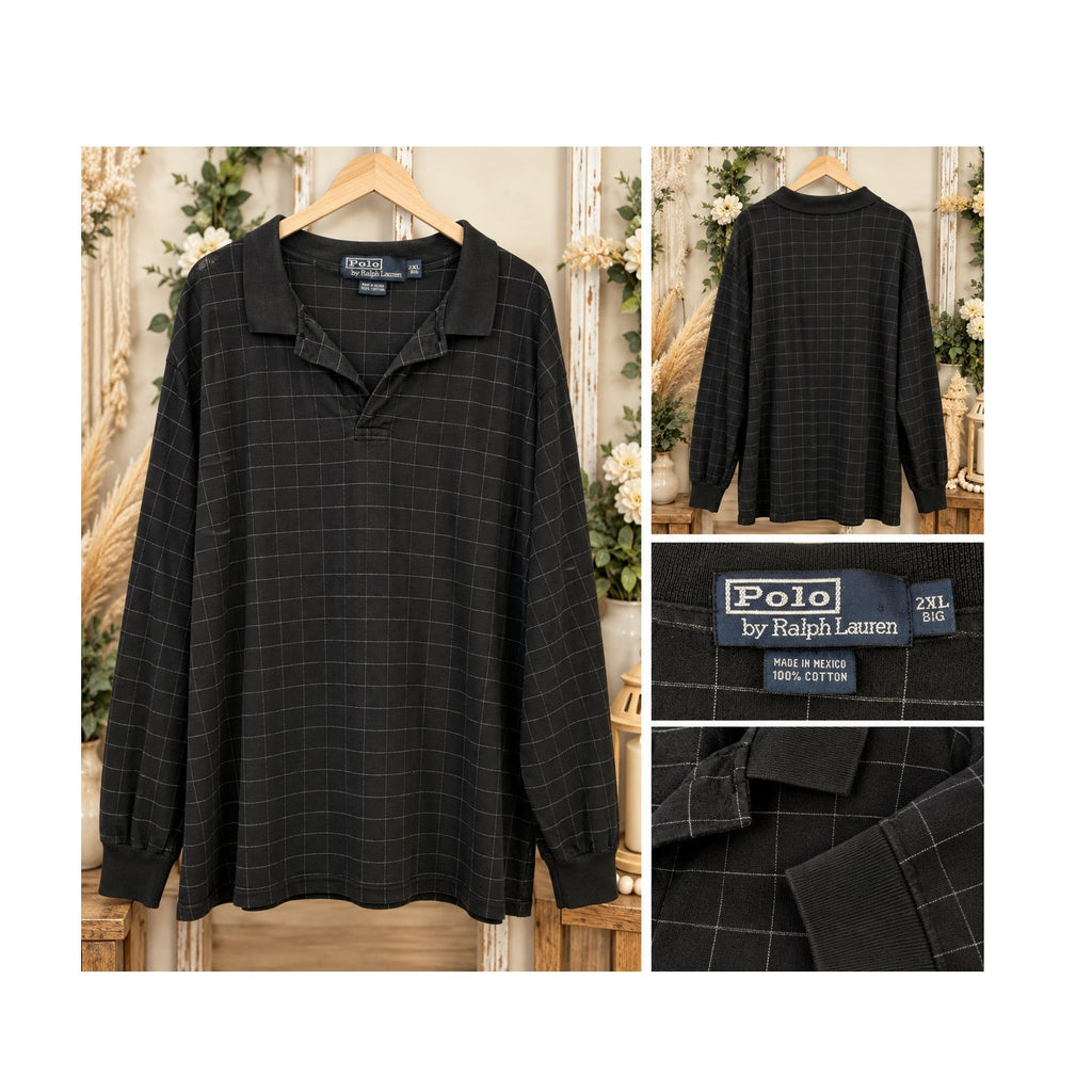 Vintage Polo by Ralph Lauren Windowpane Grid Long Sleeve Polo – 2XL Big (Black/Navy)