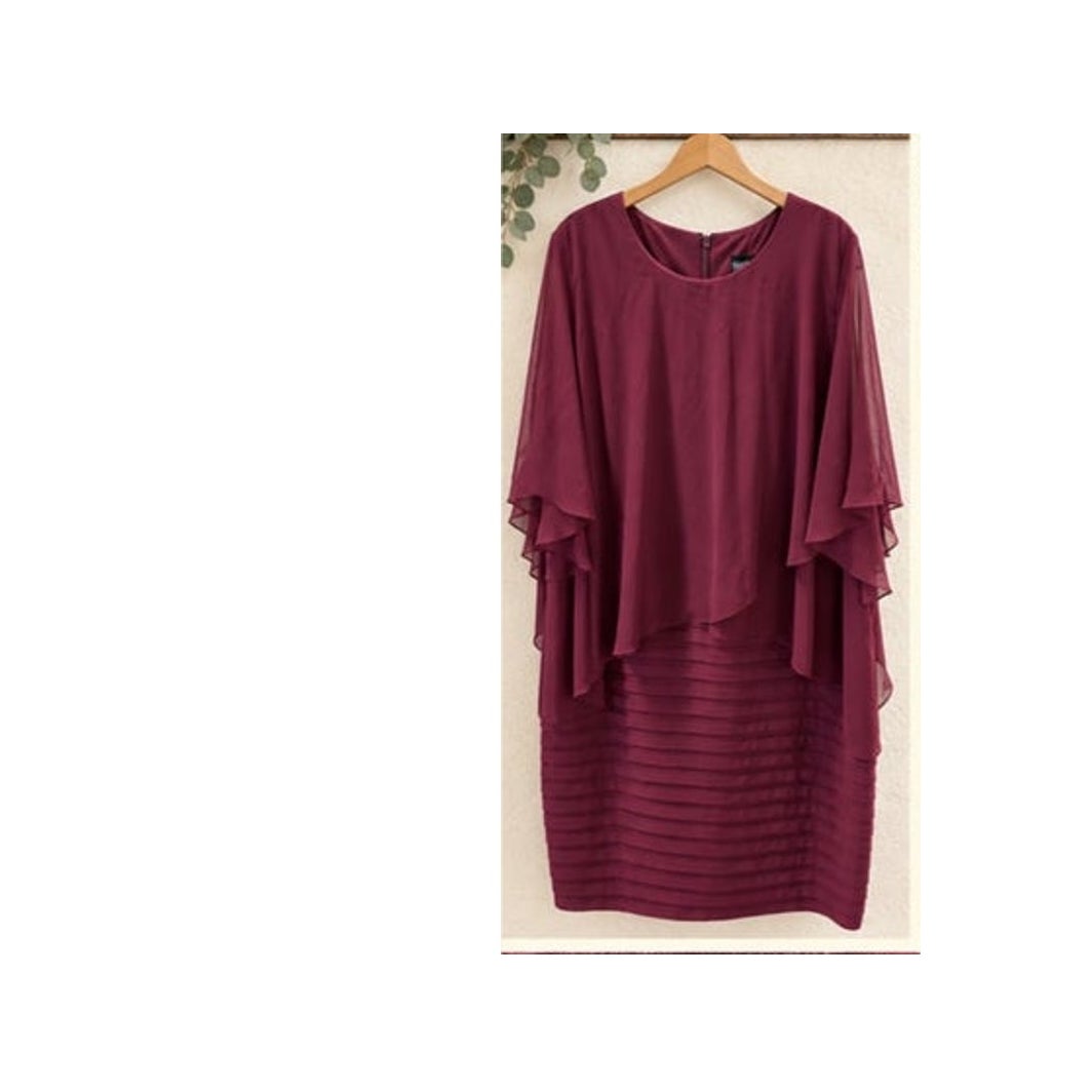 Betsy & Adam 20W Maroon Chiffon Capelet Pintuck Cocktail Dress Plus