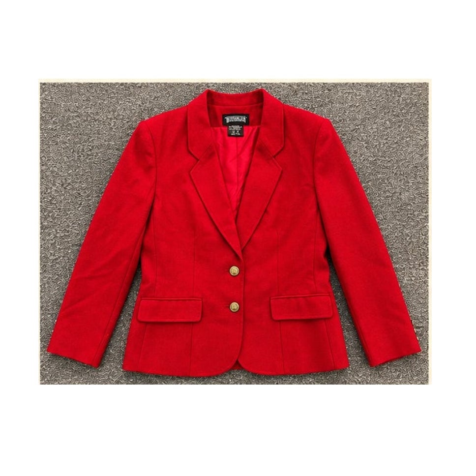 Vintage 80s Worthington Red Blazer Jacket Womens PM Gold Crest Buttons