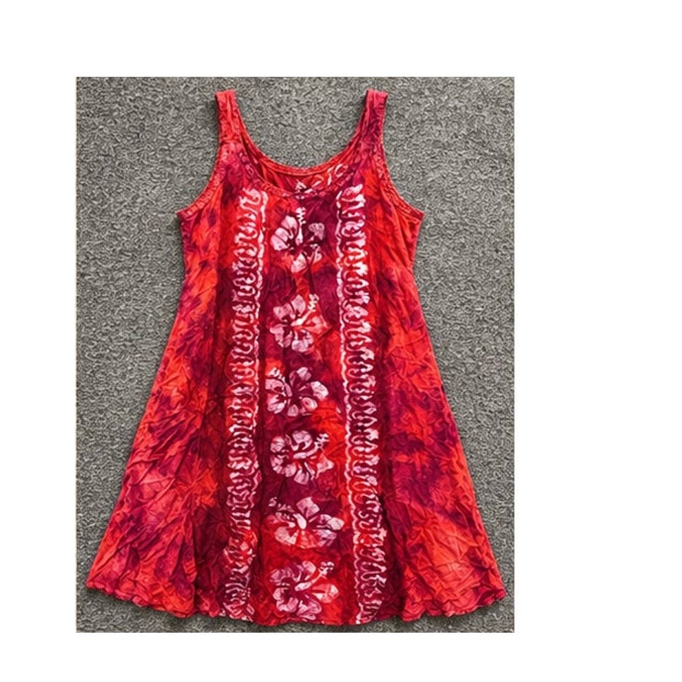Raya Sun Dress Womens XL Red Pink Hibiscus Cotton Blend Tie Back Mini