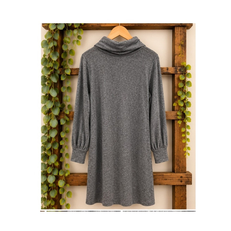 LOFT Gray Heathered Cozy Cowl Neck Blouson Sleeve Shift Dress | Medium