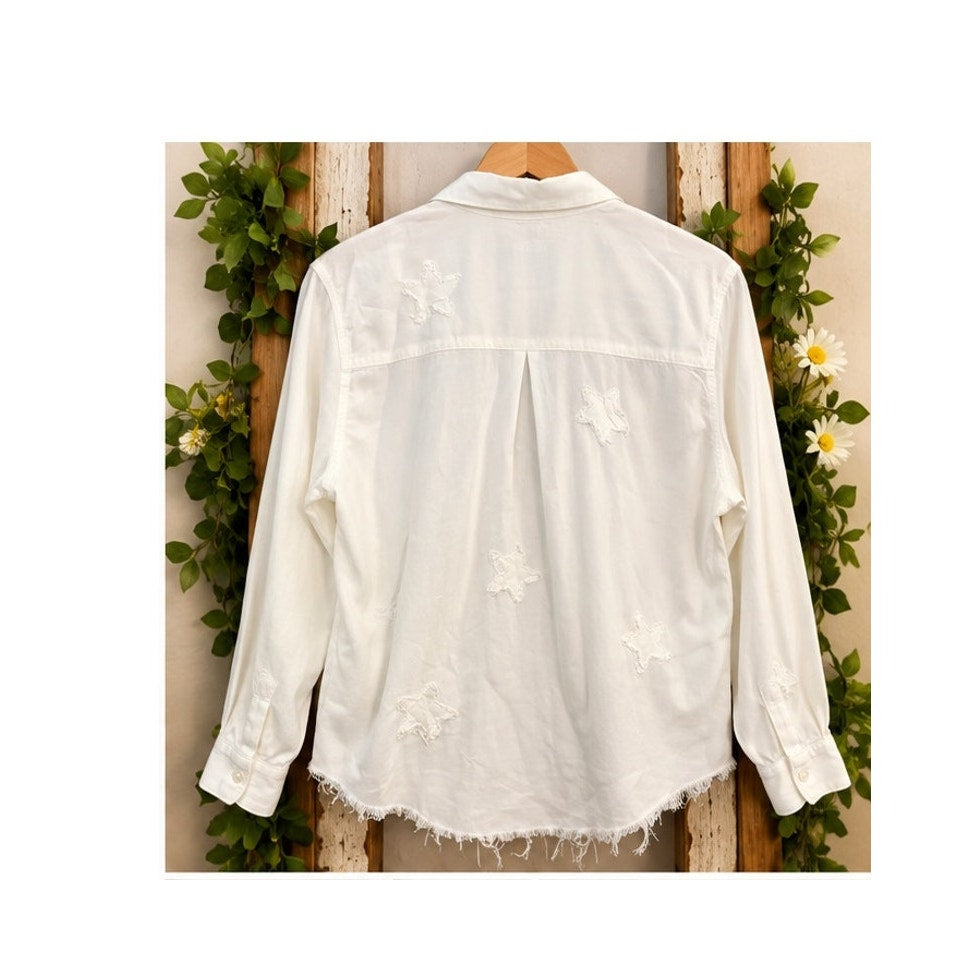 Rails Ingrid Women's White Linen Blend Star Applique Raw Hem Button Down Shirt