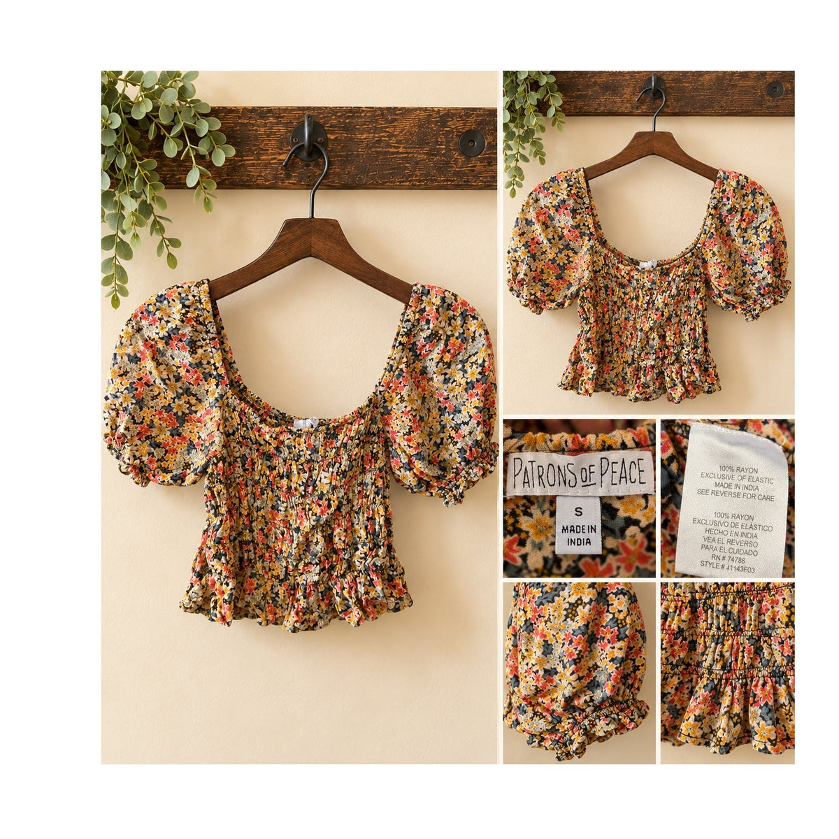 Patrons of Peace Floral Smocked Puff Sleeve Crop Peasant Top S