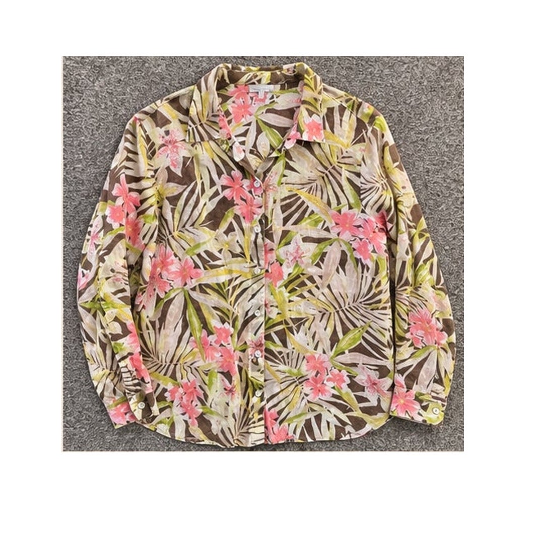 J. Jill Love Linen M Petite Tropical Palm Floral Button Up Blouse Top