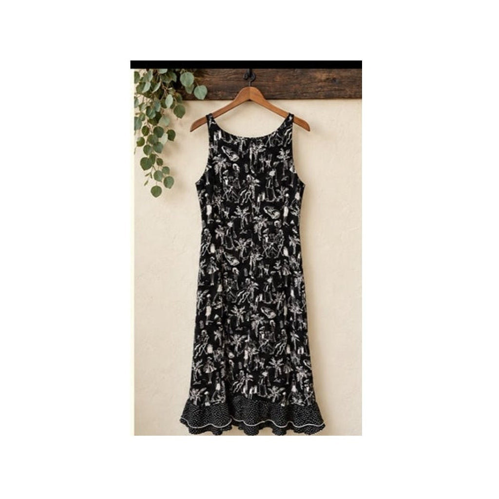 Vintage Sharon Young 90s Novelty Print Tank Dress Ruffle Black 12