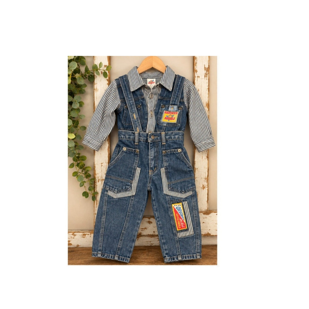 Vintage 1980"s Little Rebels Denim Striped Overalls Set Kids Size 2T