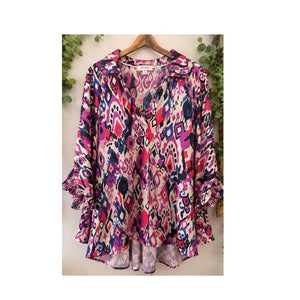 Umgee Boho Ikat Print Tunic Blouse Medium Geometric Smocked Sleeve Top