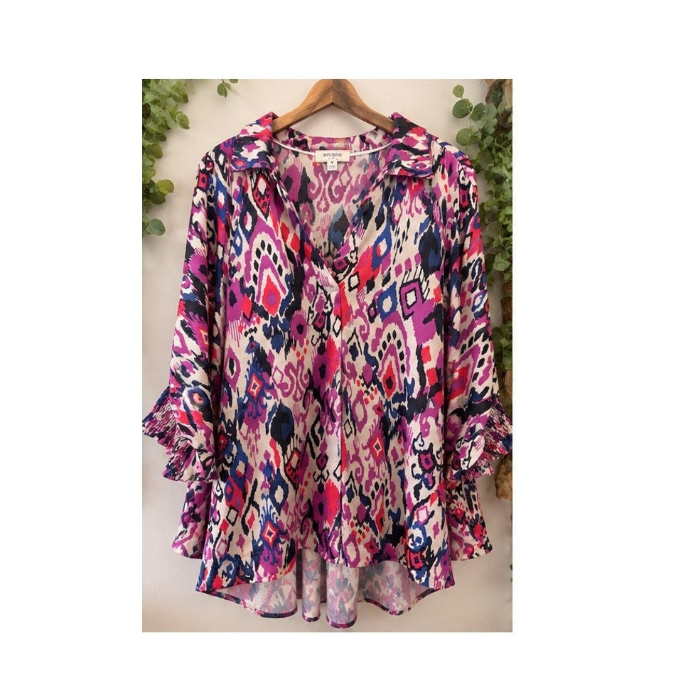 Umgee Boho Ikat Print Tunic Blouse Medium Geometric Smocked Sleeve Top