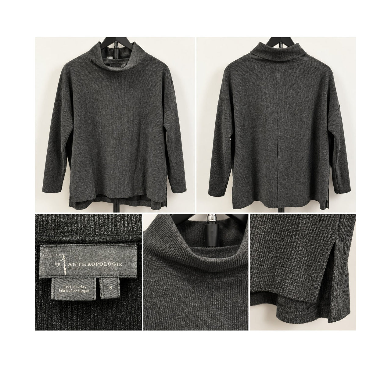 By Anthropologie Theresa Tunic Sweater Carbon Gray Ribbed Funnel Neck Size S