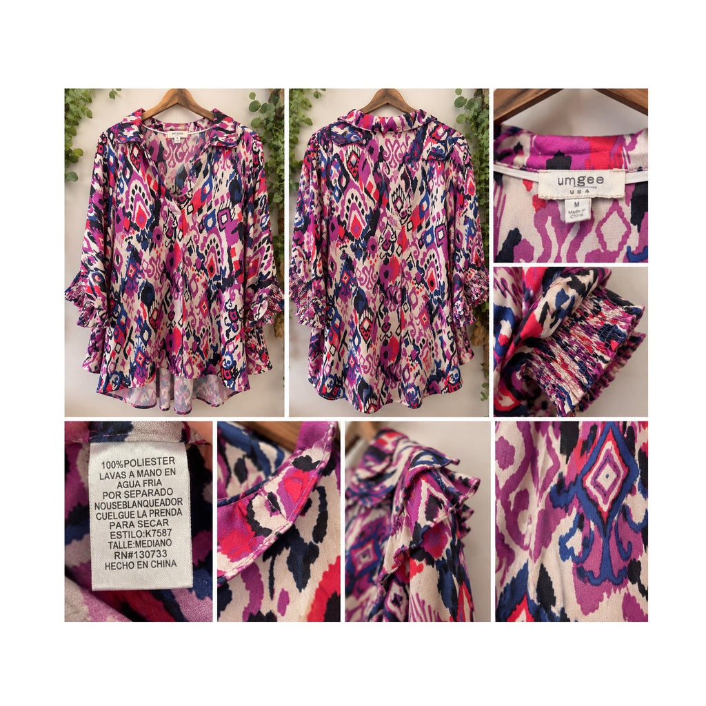 Umgee Boho Ikat Print Tunic Blouse Medium Geometric Smocked Sleeve Top