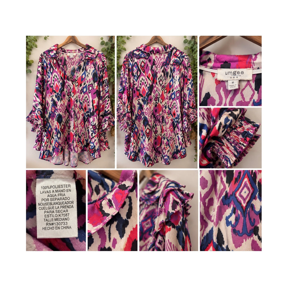 Umgee Boho Ikat Print Tunic Blouse Medium Geometric Smocked Sleeve Top