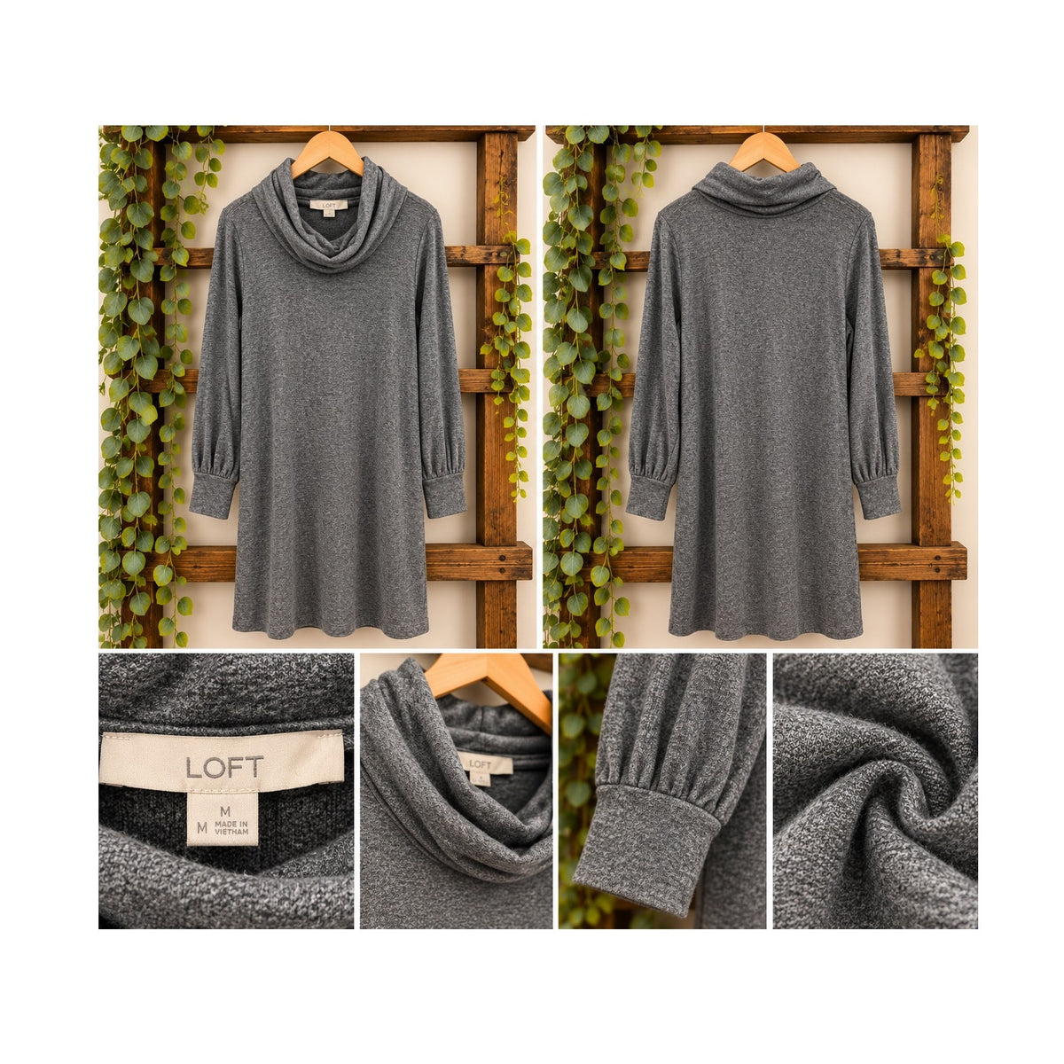 LOFT Gray Heathered Cozy Cowl Neck Blouson Sleeve Shift Dress | Medium