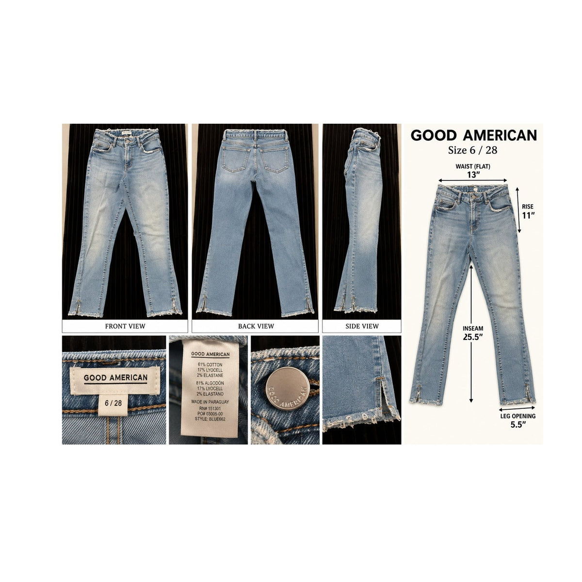Good American Split Ankle Raw Hem Straight Jeans Blue Womens Size 6 28