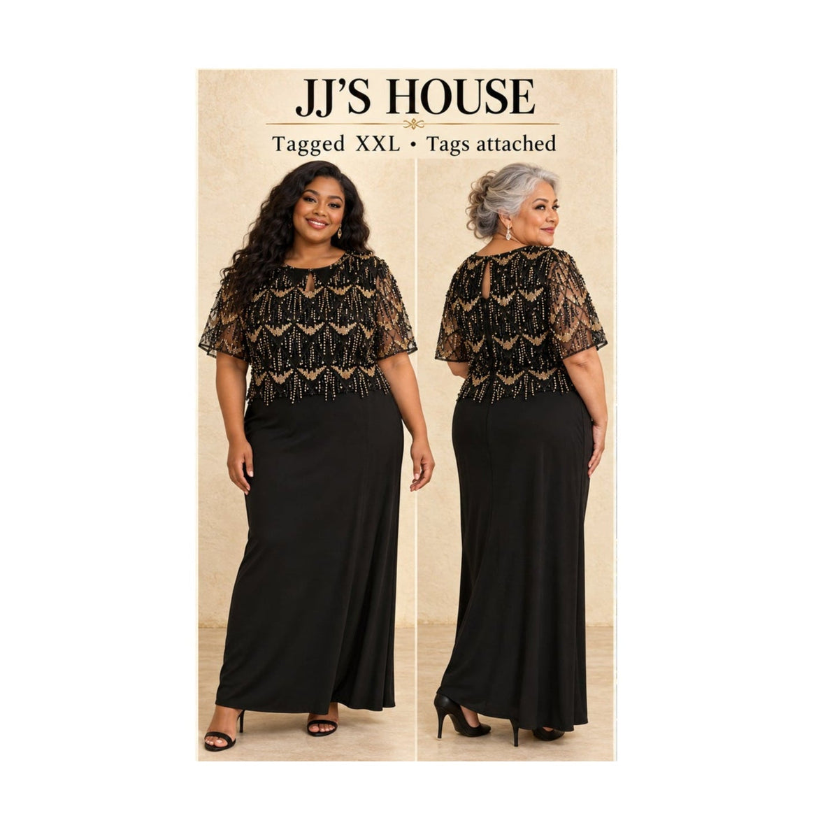 NWT JJ's House XXL Black Gold Sequin Beaded Formal Evening Maxi Dress