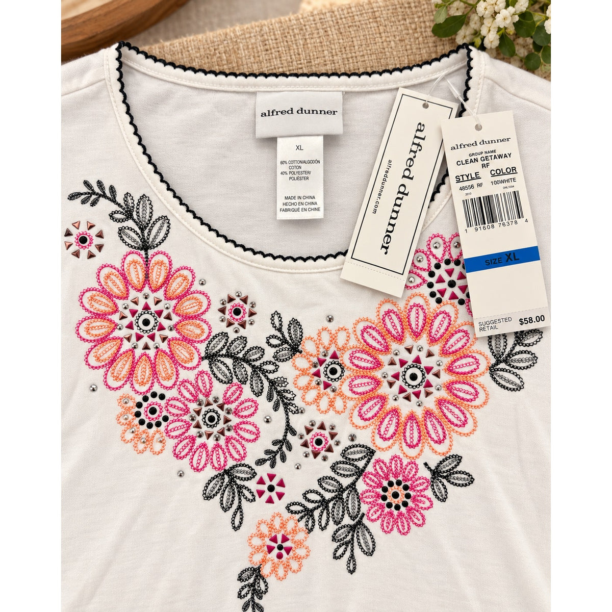 NWT Alfred Dunner Lot of 2 Women’s XL Embroidered Ivory Tops Short & 3/4 Sleeve