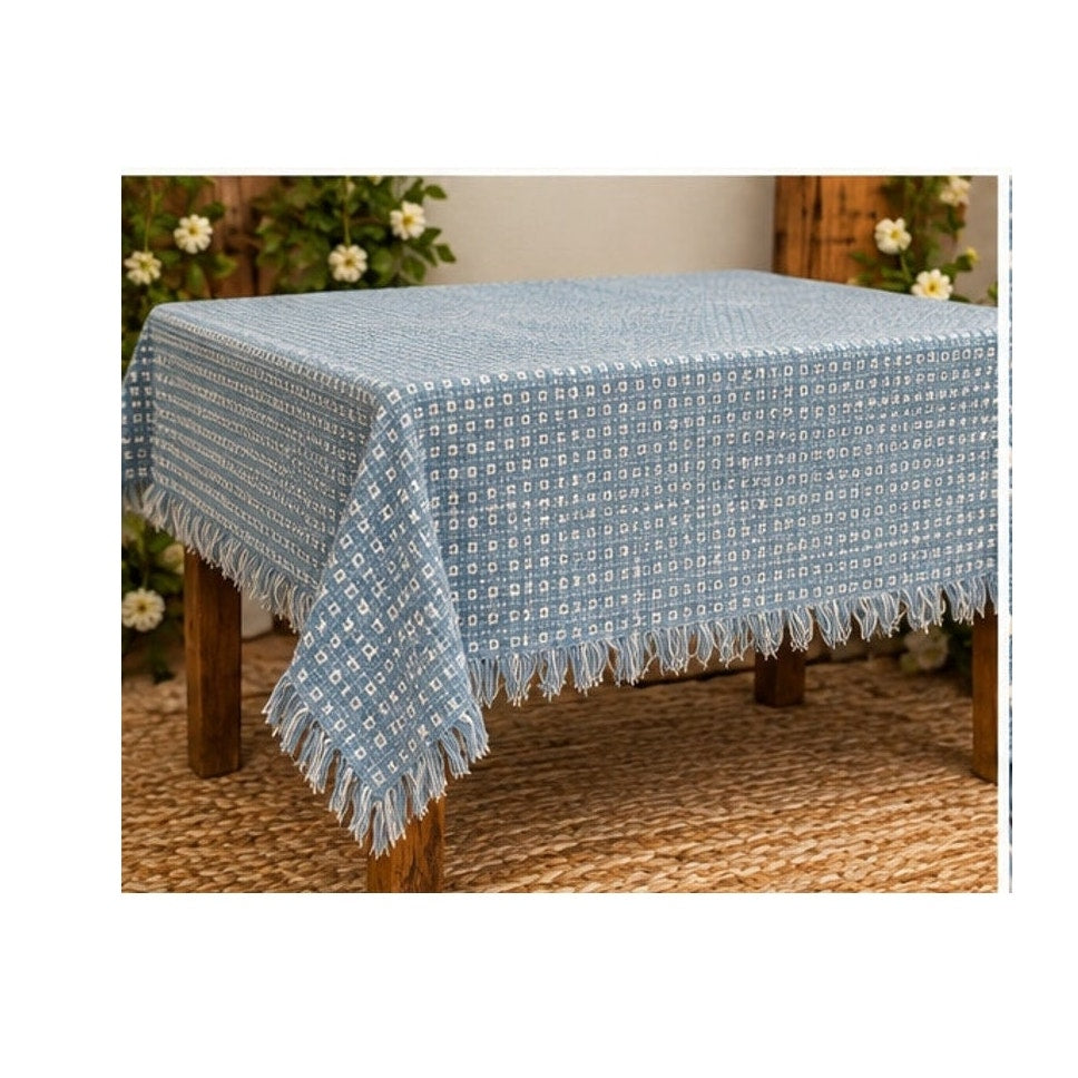 Vintage Homespun Blue White Fringed Tablecloth 9 Napkins Set Woven Plaid 57x84