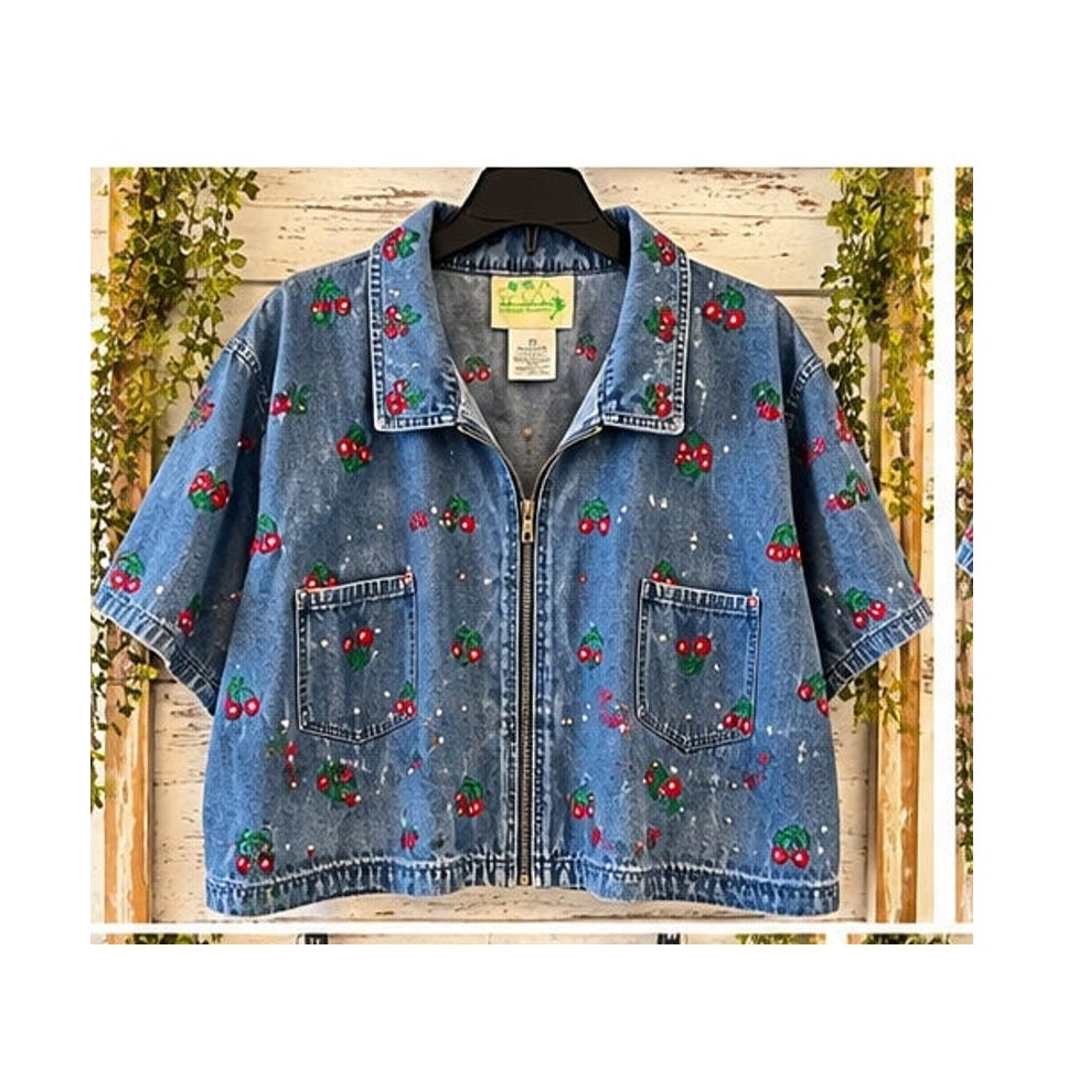 Vtg Quacker Factory 2X Cherry Embroidered Denim Jacket Pants Set