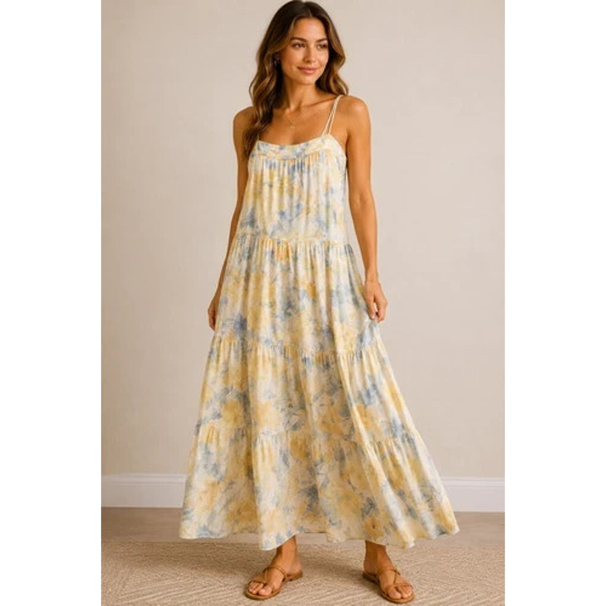 Abercrombie & Fitch Medium Asymmetrical Tiered Maxi Dress Floral Linen Yellow