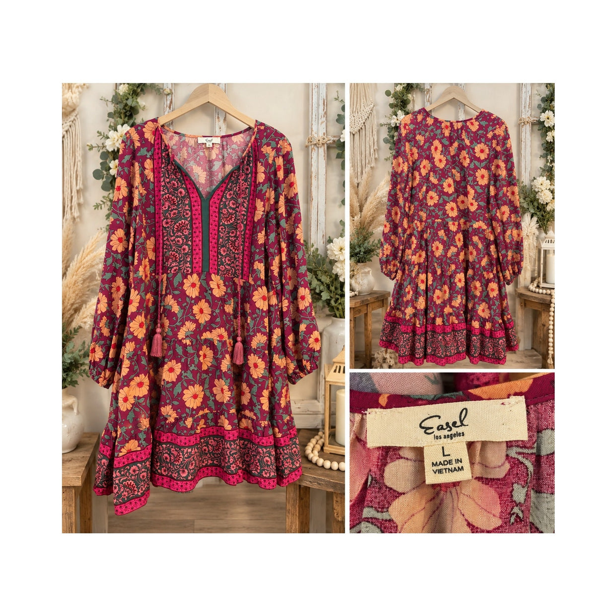 Easel Los Angeles Floral Patchwork Tiered Babydoll Mini Dress Womens Large Boho