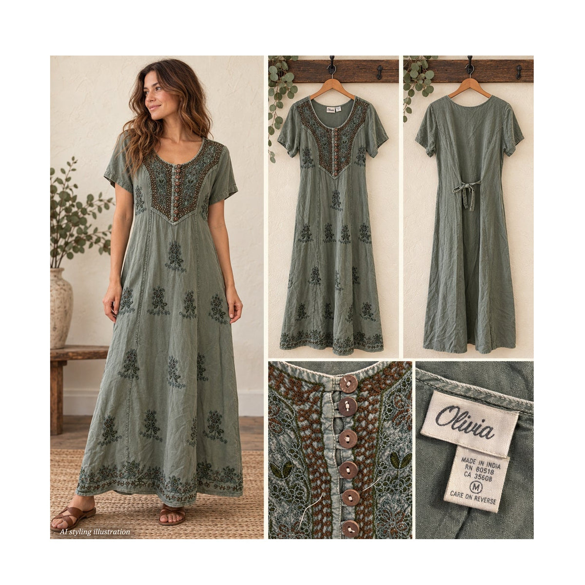 Olivia Vintage Sage Green Embroidered Maxi Dress Cottagecore M