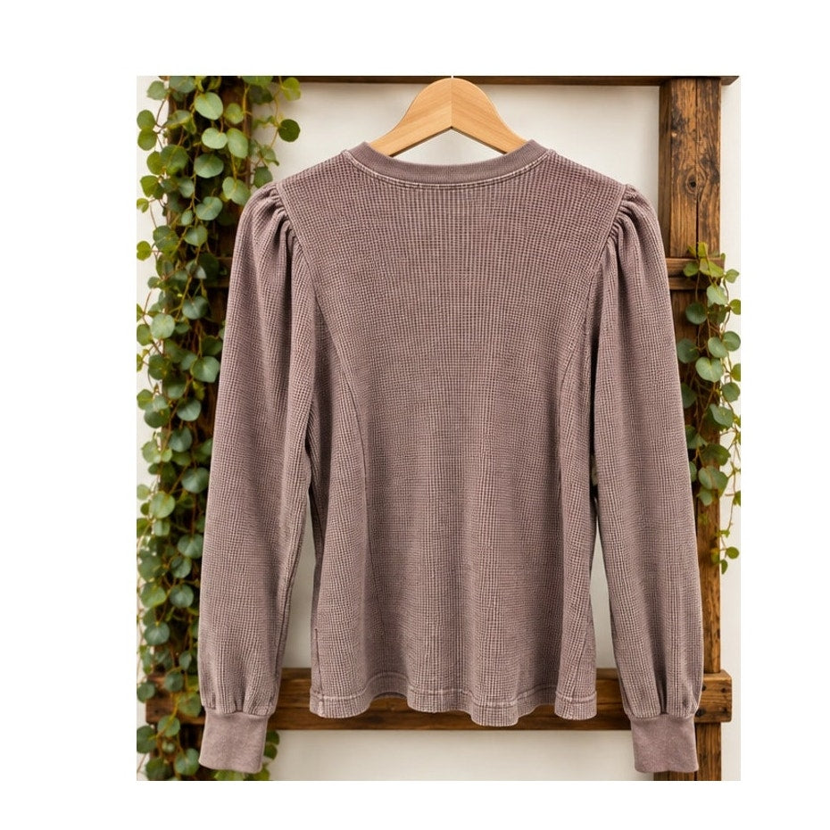 AMO Denim Girly Thermal Top Puff Shoulder Waffle Knit Bloodstone Mauve Size L