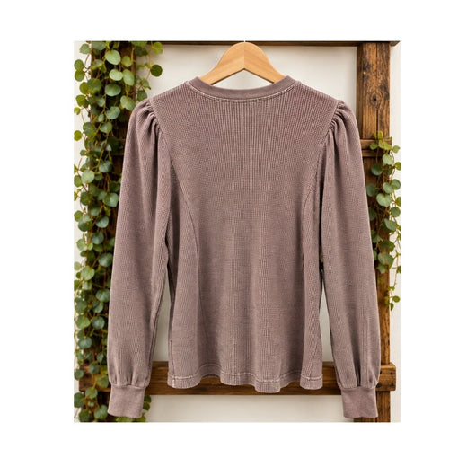 AMO Denim Girly Thermal Top Puff Shoulder Waffle Knit Bloodstone Mauve Size L