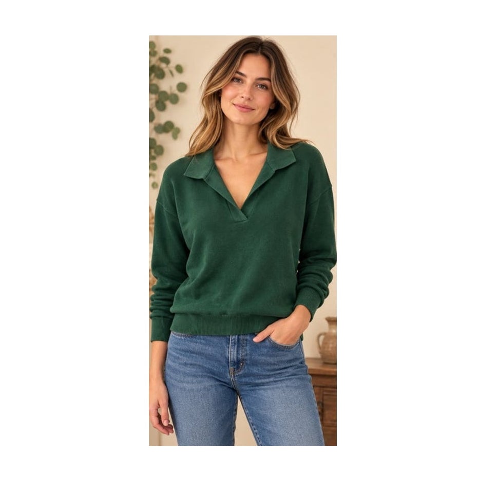 Pact Organic Cotton Polo V Neck Sweater Green Long Sleeve Womens M
