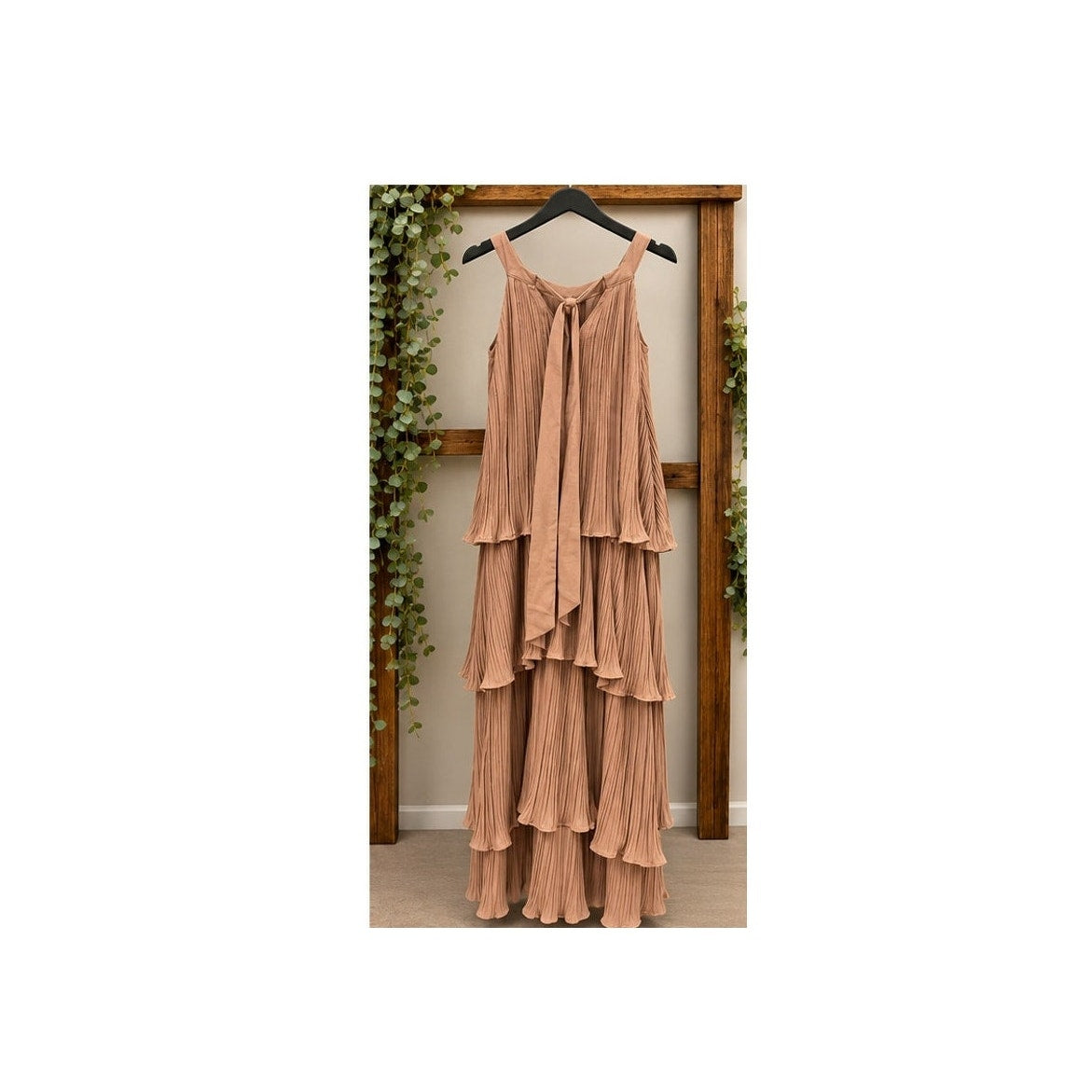 ZESICA Camel Plisse Pleated Tiered Maxi Dress Mock Neck Back Tie Size XL