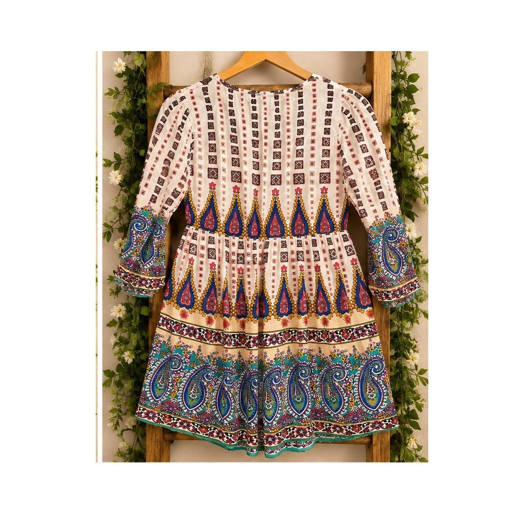 Umgee Women's Boho Paisley Geometric Print Tiered Bell Sleeve Tunic Dress XL