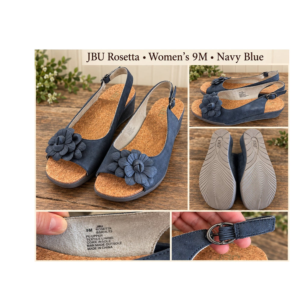 JBU Jambu Rosetta Navy Blue Floral Slingback Wedge Sandal Womens 9M